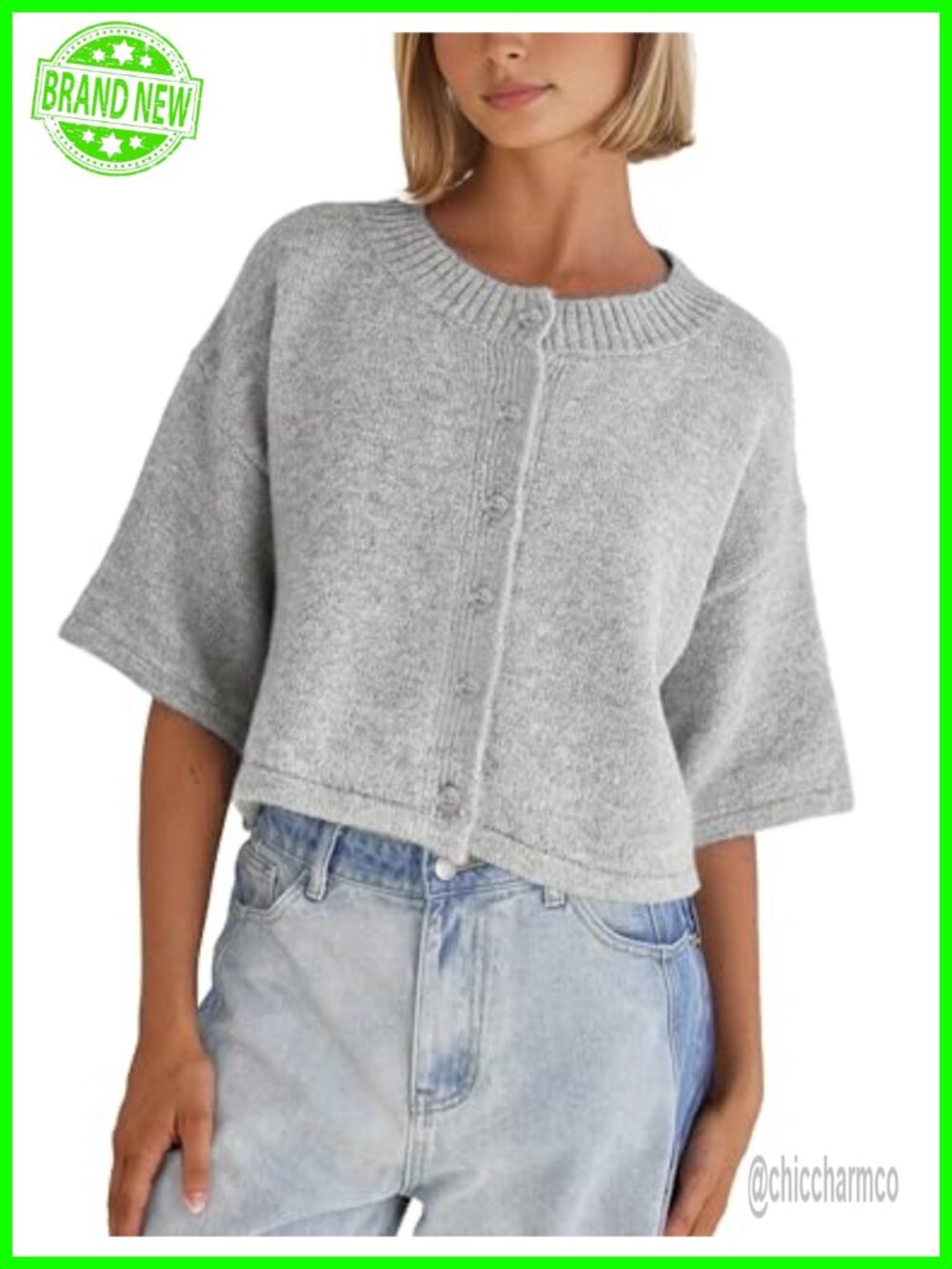 Cropped Knit Cardigan Button Up 3/4 Sleeve Women's Sweater